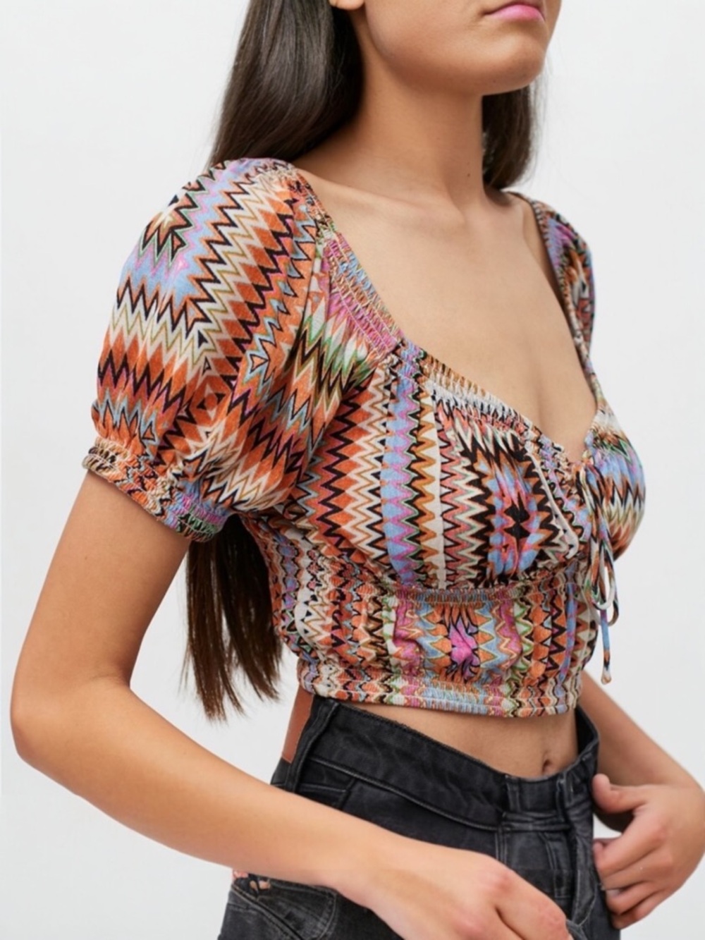 Urban Outfitters Kristy Zig Zag Rainbow Y2K Shirred Puff Sleeve Retro Crop Top S